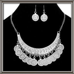 Bohemian coins necklace and earring set.